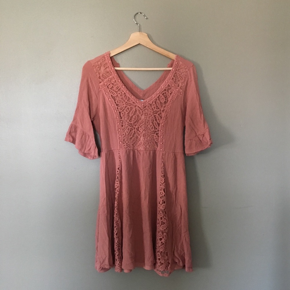 Lace Bell Sleeve V Neck Peasant Dress